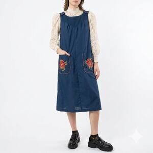 VTG 70s ILGWU Embroidered Floral Pocket Pinafore Dress Navy Blue Small Retro